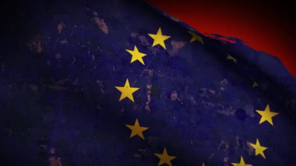 Drapeau de l'UE agitant, vieux, grunge look arrière-plan coucher de soleil — Video