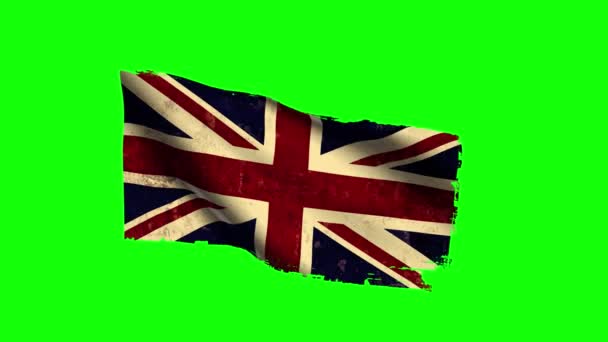 Βρετανική σημαία κυματίζει, παλιά, grunge βλέμμα, πράσινη οθόνη — Αρχείο Βίντεο