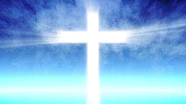 Хрест Христа променеві промені і блакитне небо фону — стокове відео