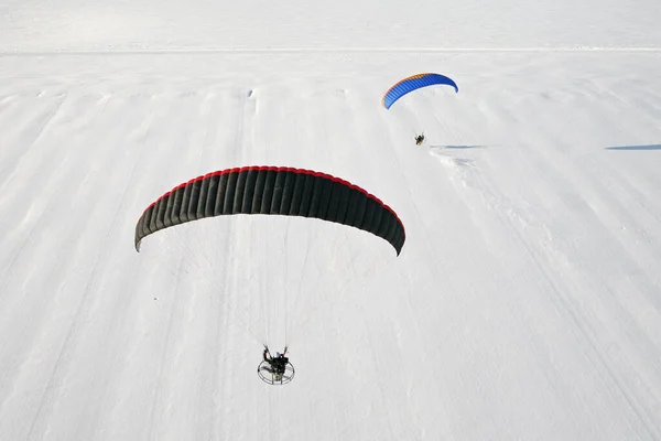 Snowy Winter Landscape Seen Sky Two Paramotors Fly White Fields — Stock Photo, Image