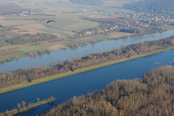 Aerial Photography Paramotor Flying Seine River Mantes Jolie Yvelines Department — Stock Photo, Image