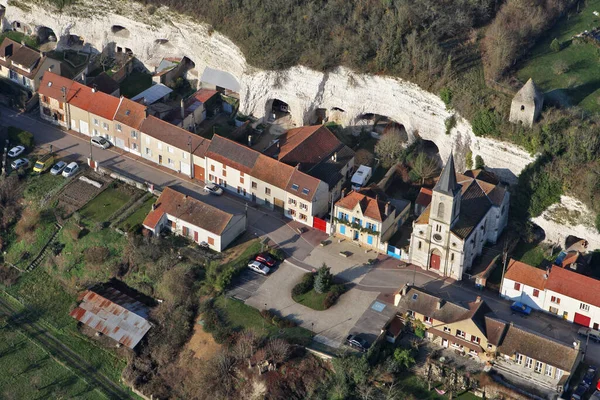 Aerial View Mousseaux Sur Seine Village Church White Cliffs Troglodythes — Stock Photo, Image