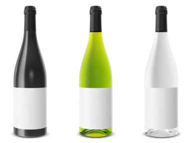 Beyaz arka plan üzerinde izole ayarla şişe şarap.