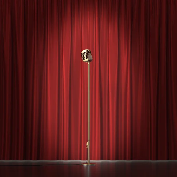 Retro gouden microfoon op rode doek achtergrond. 3D illustratie — Stockfoto