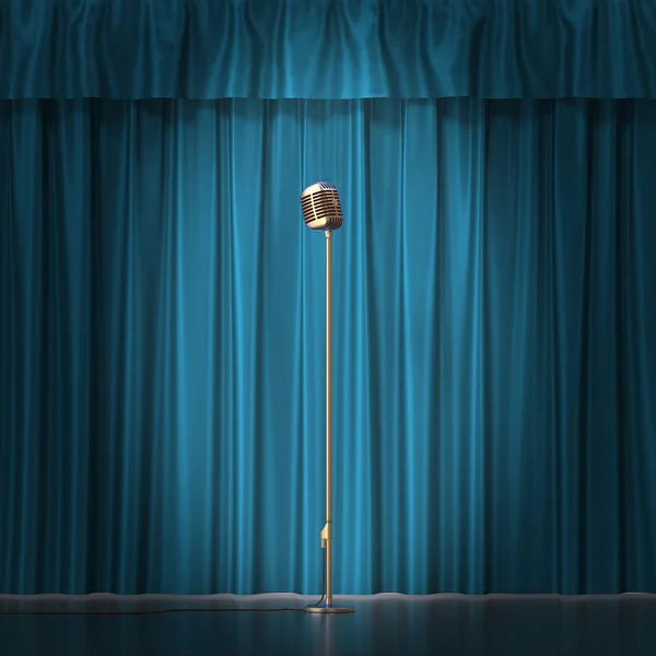 Retro gouden microfoon op blauwe doek achtergrond. 3D illustratie — Stockfoto