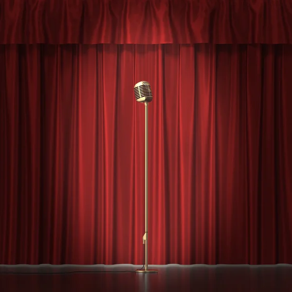 Retro gouden microfoon op rode doek achtergrond. 3D illustratie — Stockfoto