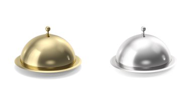 Gümüş ve altın closeed cloche beyaz arka plan üzerinde. 3D çizim