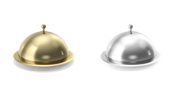 Cloche in argento e oro su sfondo bianco. Illustrazione 3d — Foto Stock