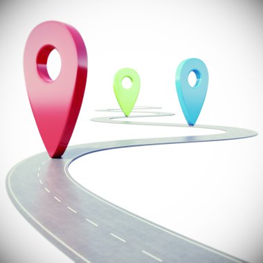 Renkli pin işaretçisi ile beyaz arka planda ileriye giden yol. 3d illüstrasyon