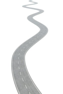 Beyaz işaretlerle ilerleyen kavisli asfalt yol. 3d illüstrasyon