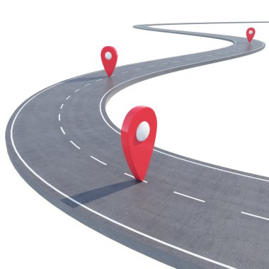 Pin işaretçisi ile beyaz arka planda ileriye giden yol. 3d illüstrasyon