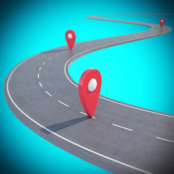 Road path going forward on blue background with pin pointer. 3d illustration — Stock Photo, Image