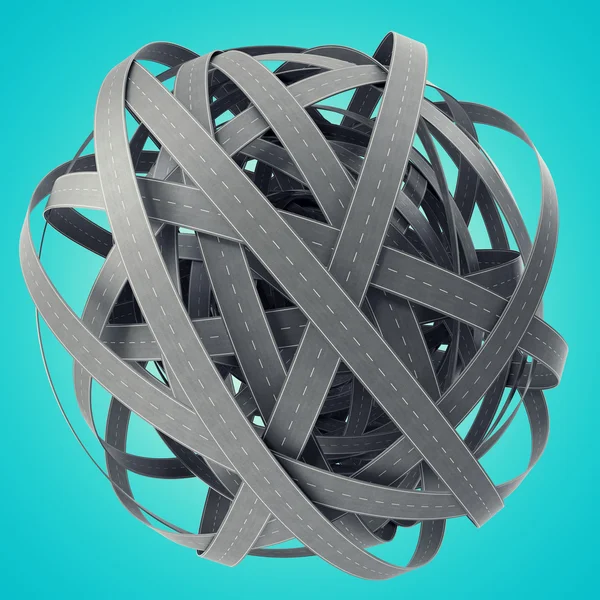Sphere of tangled roads, on cyan background. 3d illustration — Stock Photo, Image