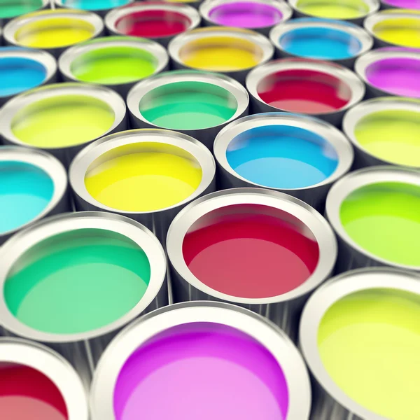 Grupa, puszki metalowe kolekcja z barwnika farby kolor. ilustracja 3D, głębia efektu pola — Zdjęcie stockowe