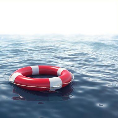 Alan derinliği etkisi ile mavi denizde kırmızı lifebuoy. 3d illüstrasyon