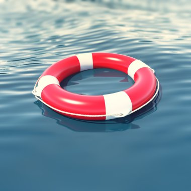 Alan derinliği etkisi ile mavi denizde kırmızı lifebuoy. 3d illüstrasyon