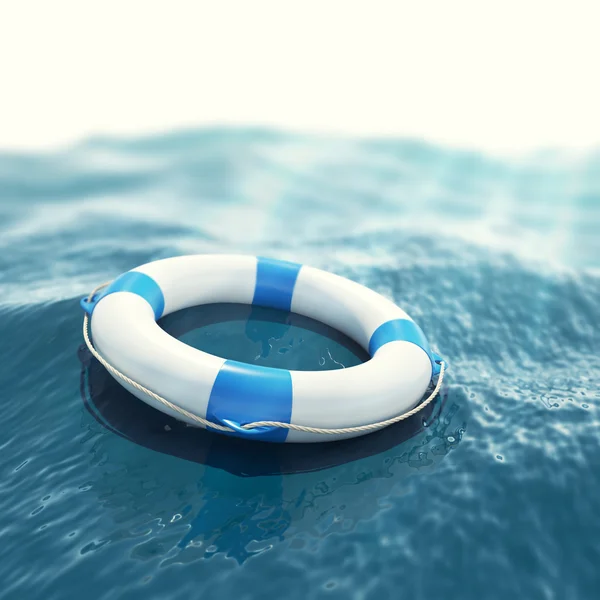 Lifebuoy flutuando em um mar tempestuoso com o efeito de raios de sol ilustração 3d — Fotografia de Stock