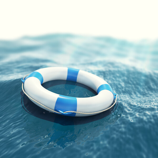 Lifebuoy floating in a stormy sea with the effect of sun rays 3d illustration