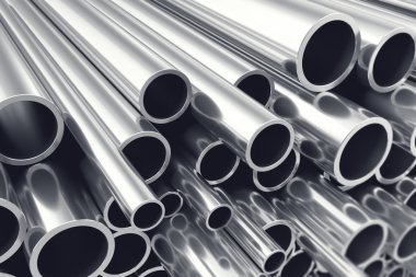 Heap of shiny metal steel pipes with selective focus effect. 3d illustration clipart