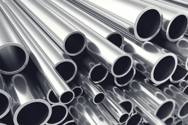 Heap of shiny metal steel pipes with selective focus effect. 3d illustration — Stock Photo, Image