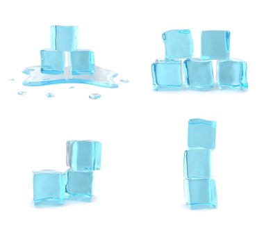 Beyaz arka plan üzerinde izole set buz küpleri. 3D çizim