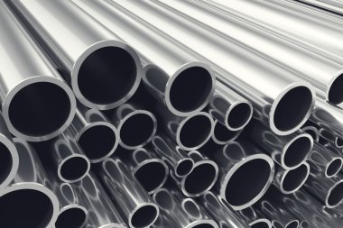 Heap of shiny metal steel pipes with selective focus effect. 3d illustration clipart