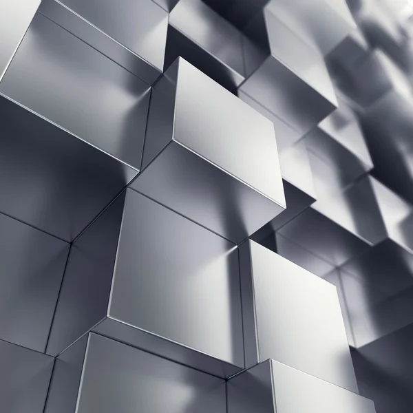 Abstracte achtergrond van metalen kubussen met focue effecten. 3D illustratie — Stockfoto
