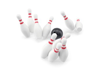 Bowling topu ve beyaz arka plan üzerinde izole skittles. 3D çizim