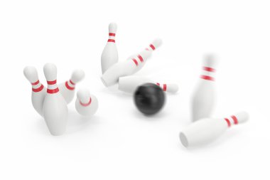Bowling topu ve beyaz arka plan üzerinde izole skittles. 3D çizim