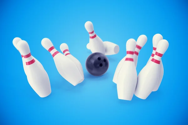 Juego de bolos, bola negra estrellándose contra los bolos. ilustración 3d —  Fotos de Stock