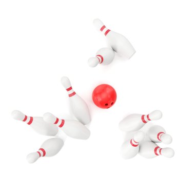 Dokuz kukayı, üstten görünüm çökmesini oyunu, kırmızı top bowling. 3D çizim