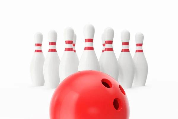 Red bowling ball in the foreground with the pins away. 3d illustration — Stock Photo, Image