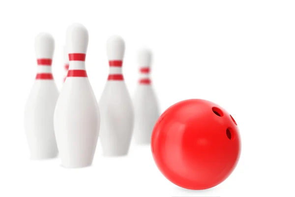 Rød bowlingkugle i forgrunden med sløret effekt. 3d illustration - Stock-foto