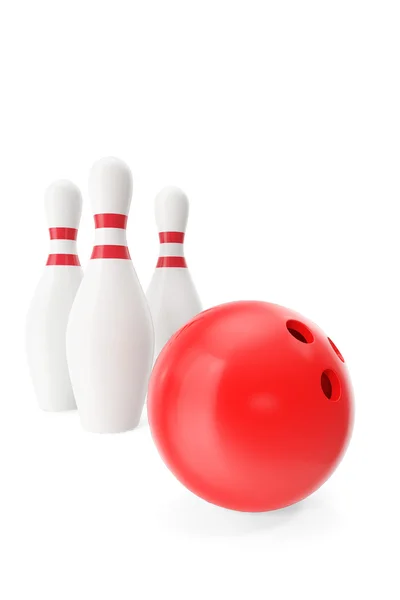 Boule de bowling rouge au premier plan isolée sur fond blanc. Illustration 3d — Photo