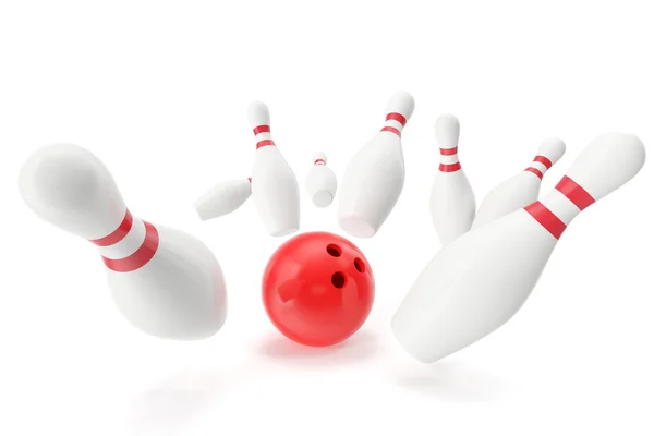 Bowling spel, rode bal crashen in de kegelen. 3D illustratie — Stockfoto