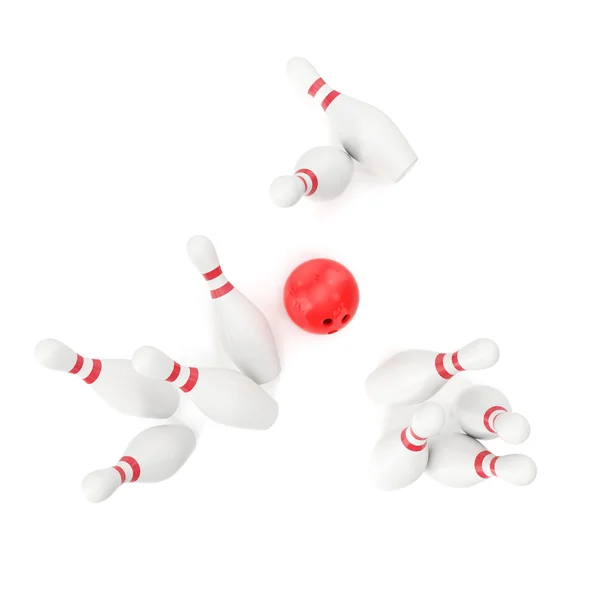 Bowling spel, rode bal crashen in de kegelen, bovenaanzicht. 3D illustratie — Stockfoto