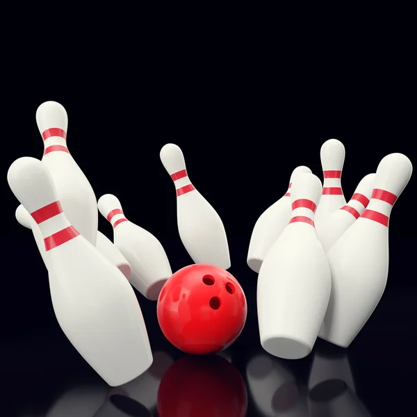 Bowling-Spiel mit roter Kugel, die in die Kegel kracht. auf schwarzem Grund. 3D-Illustration — Stockfoto