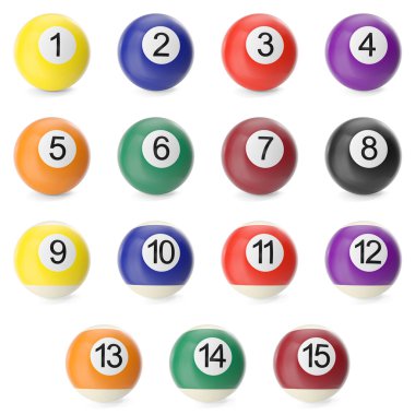 Gölgeler beyaz zemin üzerine izole bilardo topları set koleksiyonu. 3D yüksek çözünürlüklü resim.
