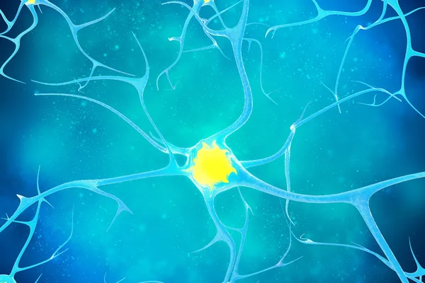 Neuron met gele kern binnen. 3D illustratie van een hoge kwaliteit — Stockfoto