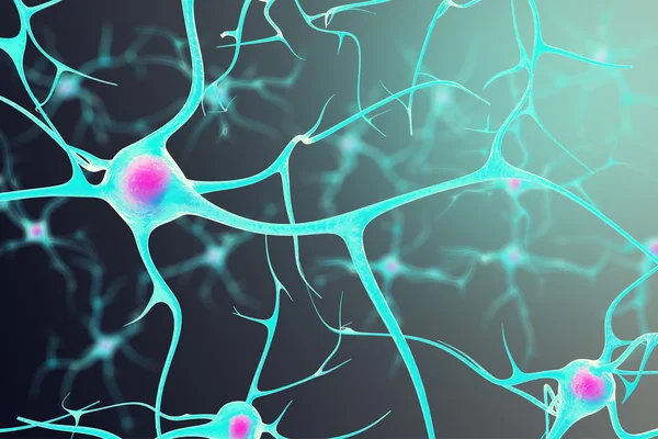 Neuronen im Gehirn mit einem Kern im Inneren auf schwarzem Hintergrund. 3D-Illustration — Stockfoto