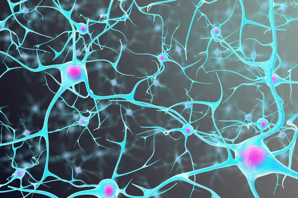 Neuronas en el cerebro con un núcleo dentro sobre fondo negro. ilustración 3d — Foto de Stock