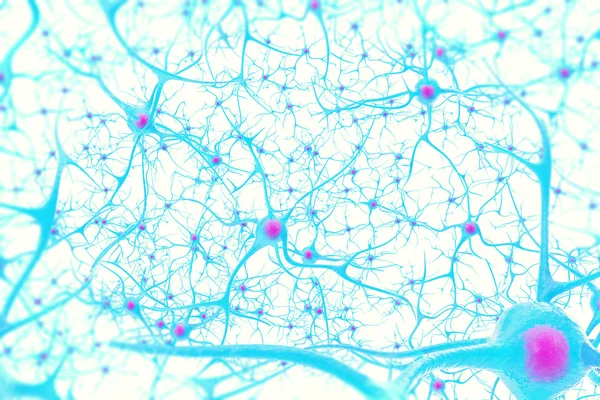 Neurônios no cérebro em fundo branco com efeito de foco. ilustração 3d — Fotografia de Stock