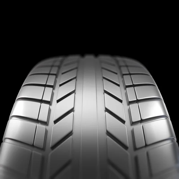 Auto banden in close-up weergave op zwarte achtergrond met focus effect. 3D illustratie — Stockfoto