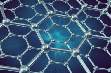 Mavi bir arka plan üzerine grafen yaprak model yapısını. 3D çizim