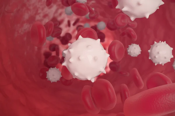 Glóbulos rojos y blancos en el corte que fluye por las venas, ilustración científica y médica 3d — Foto de Stock