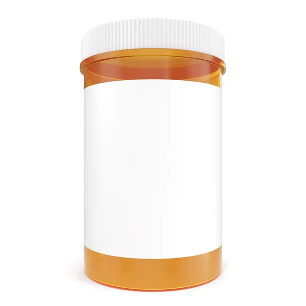 Transparent yellow bottle of prescription pill with labels template. 3d illustration — Stock Photo, Image