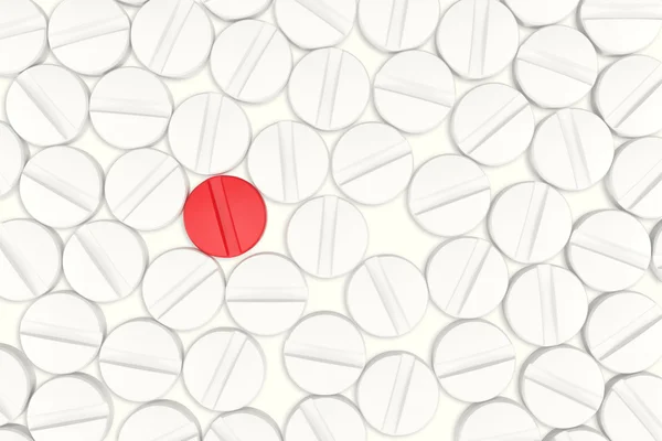 Draufsicht auf weiße Medikamentenpillen. Eine rote Medikamententablette ist als Konzept für einen Impfstoff gedacht. 3D-Illustration — Stockfoto
