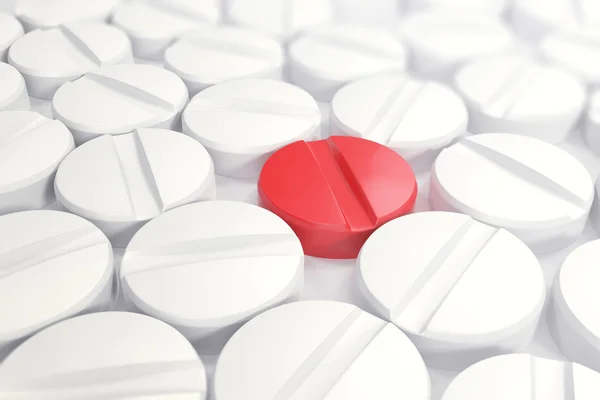 Pílulas médicas brancas no centro do conceito pílula vermelha como vacinas. ilustração 3d — Fotografia de Stock