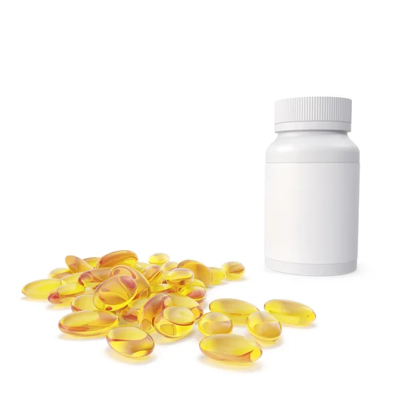 Stapel vis olie capsules uit een fles die in de buurt van de fles. 3D-illustratie — Stockfoto