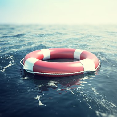 Kırmızı lifebuoy denizde yüzer. 3D çizim